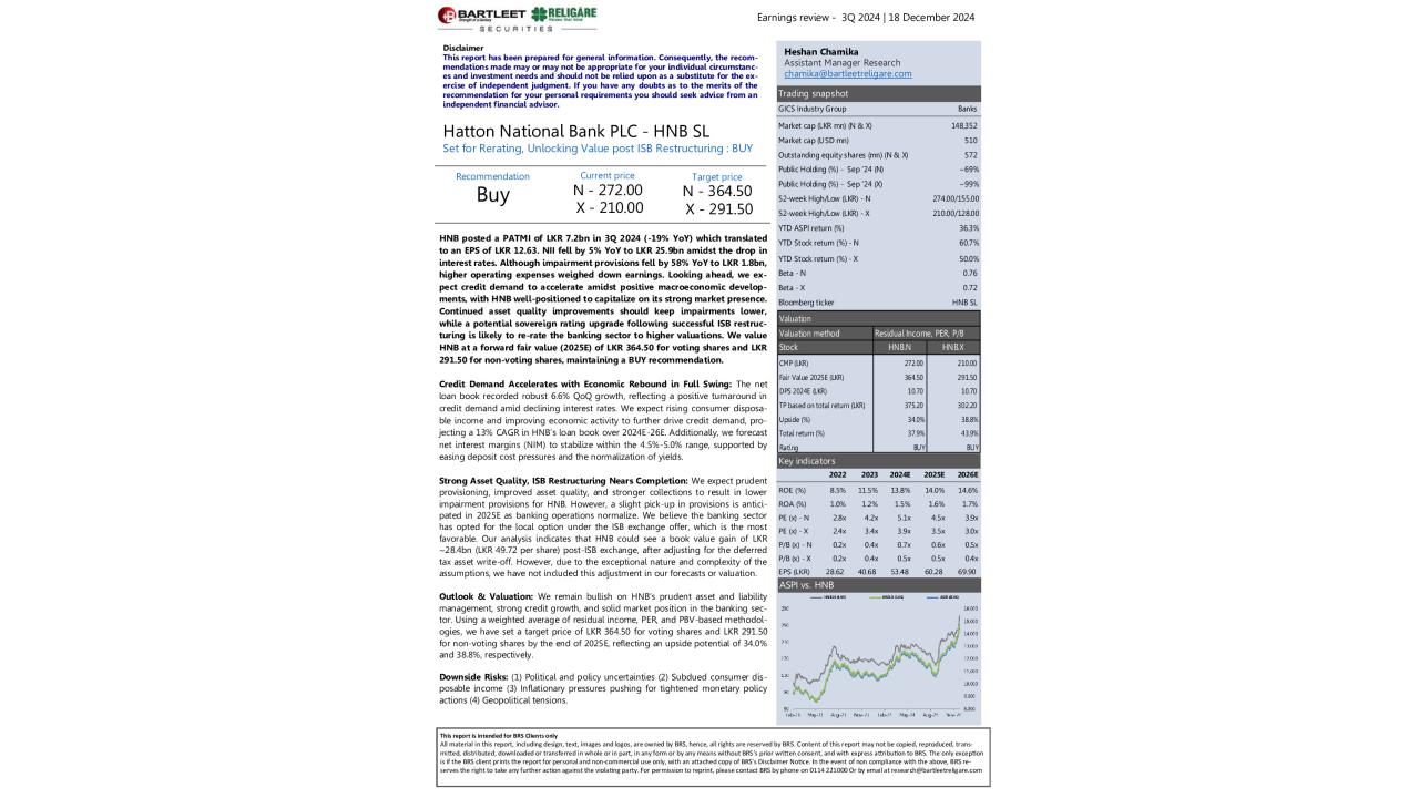 Hatton National Bank PLC (HNB) - 3Q 2024 - BUY