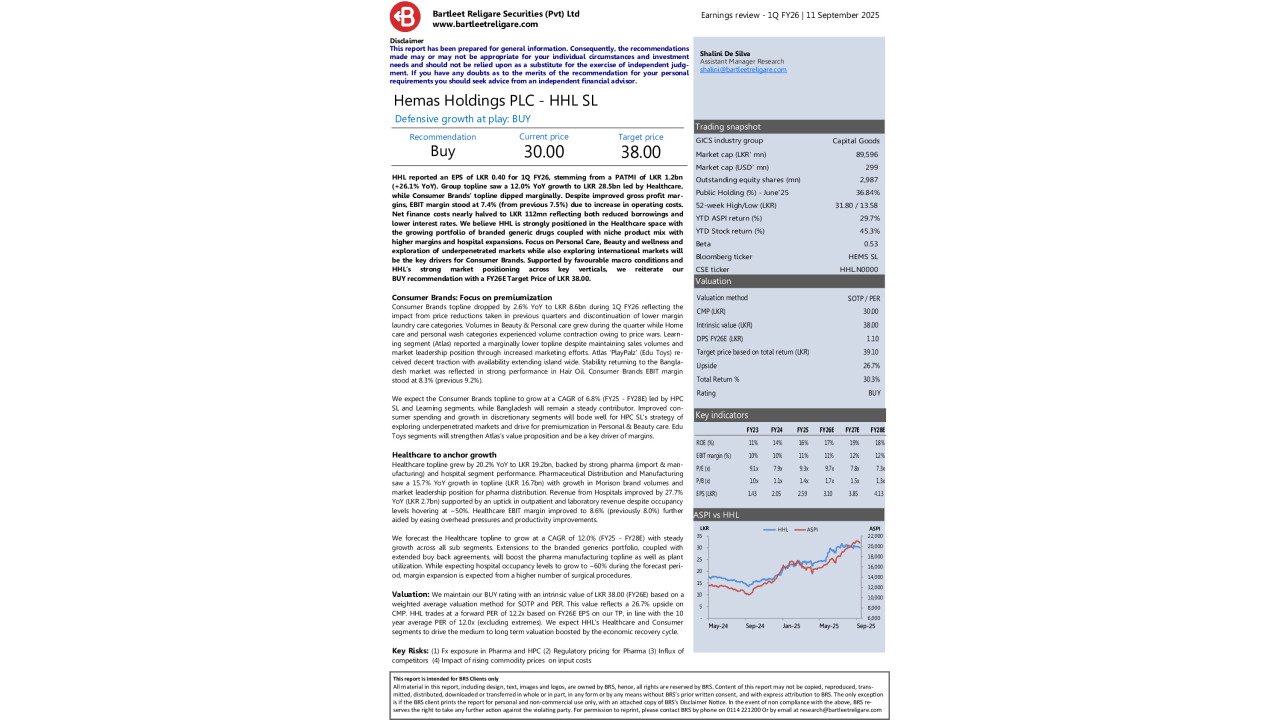 Hemas Holdings PLC (HHL) - 1Q FY26 Earnings Review - BUY