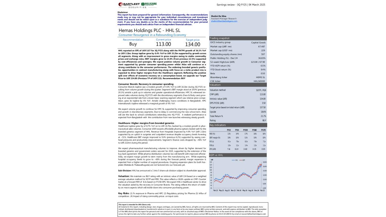 Hemas Holdings PLC (HHL) - 3Q FY25 - BUY