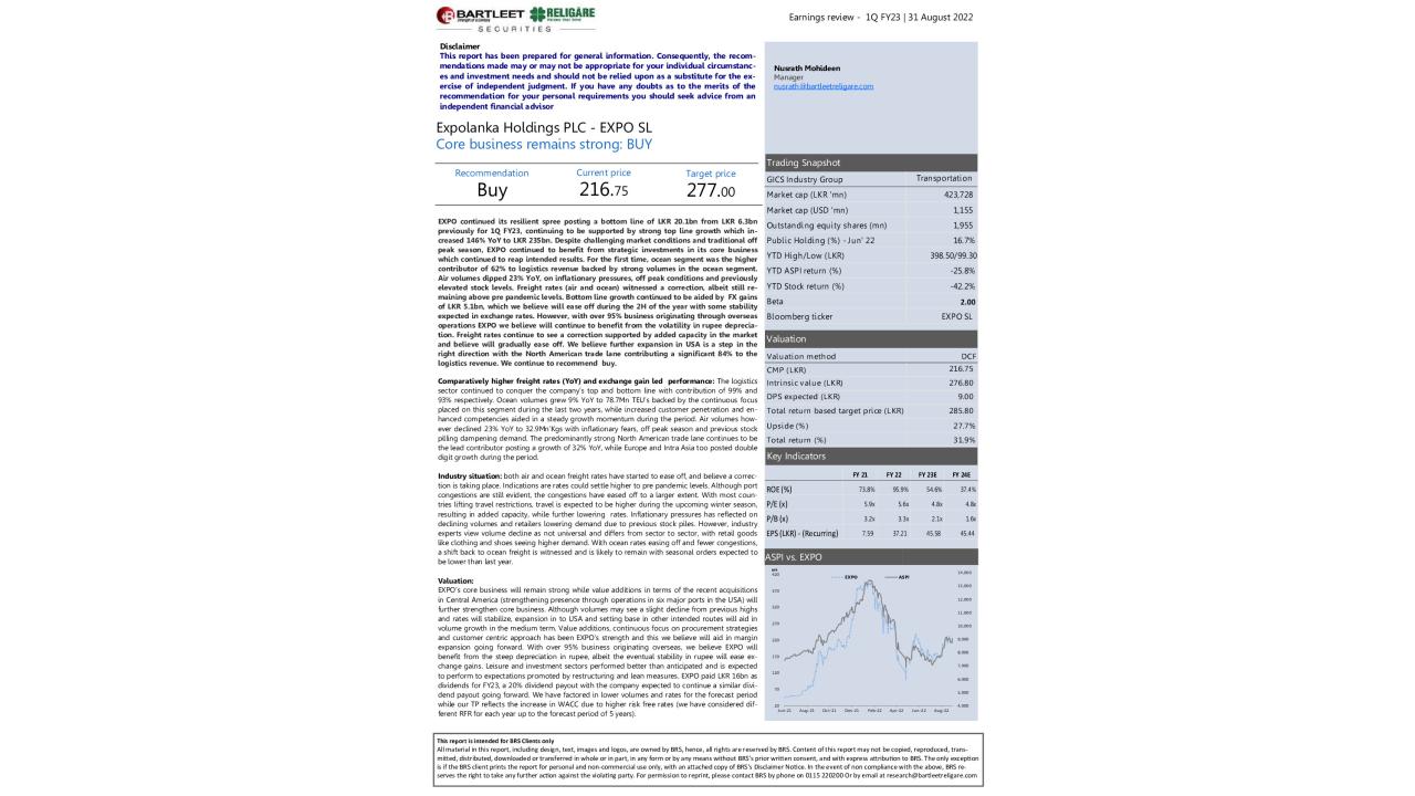 Earnings review - EXPO SL 1Q FY23