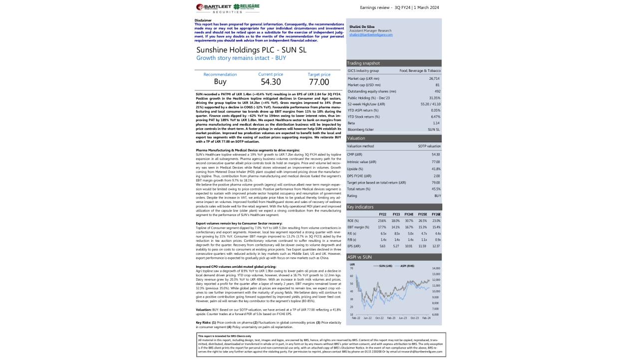 Sunshine Holdings PLC (SUN SL) - 3Q FY24 Earnings Review 