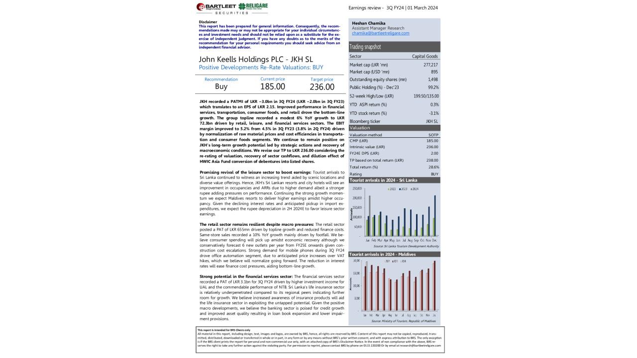 John Keells Holdings PLC (JKH) - 3Q FY24 Earnings Review