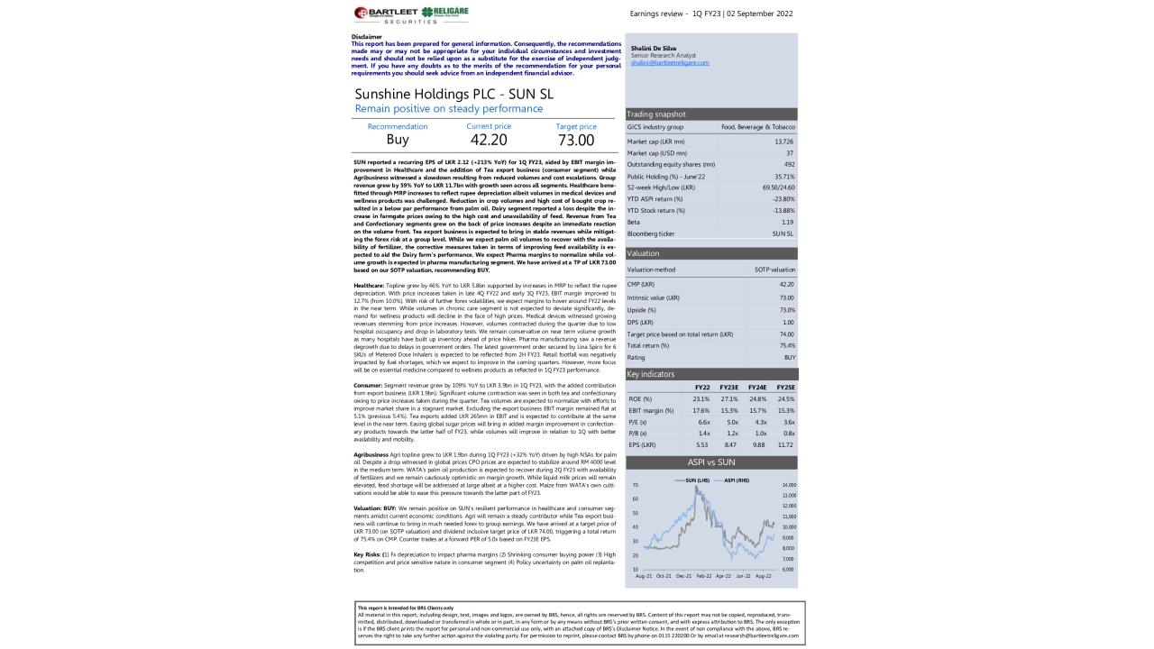 Earnings review - SUN SL - 1Q FY23