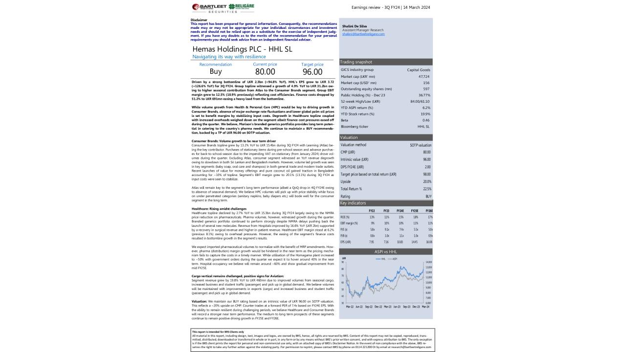 Hemas Holdings PLC (HHL) - 3Q FY24