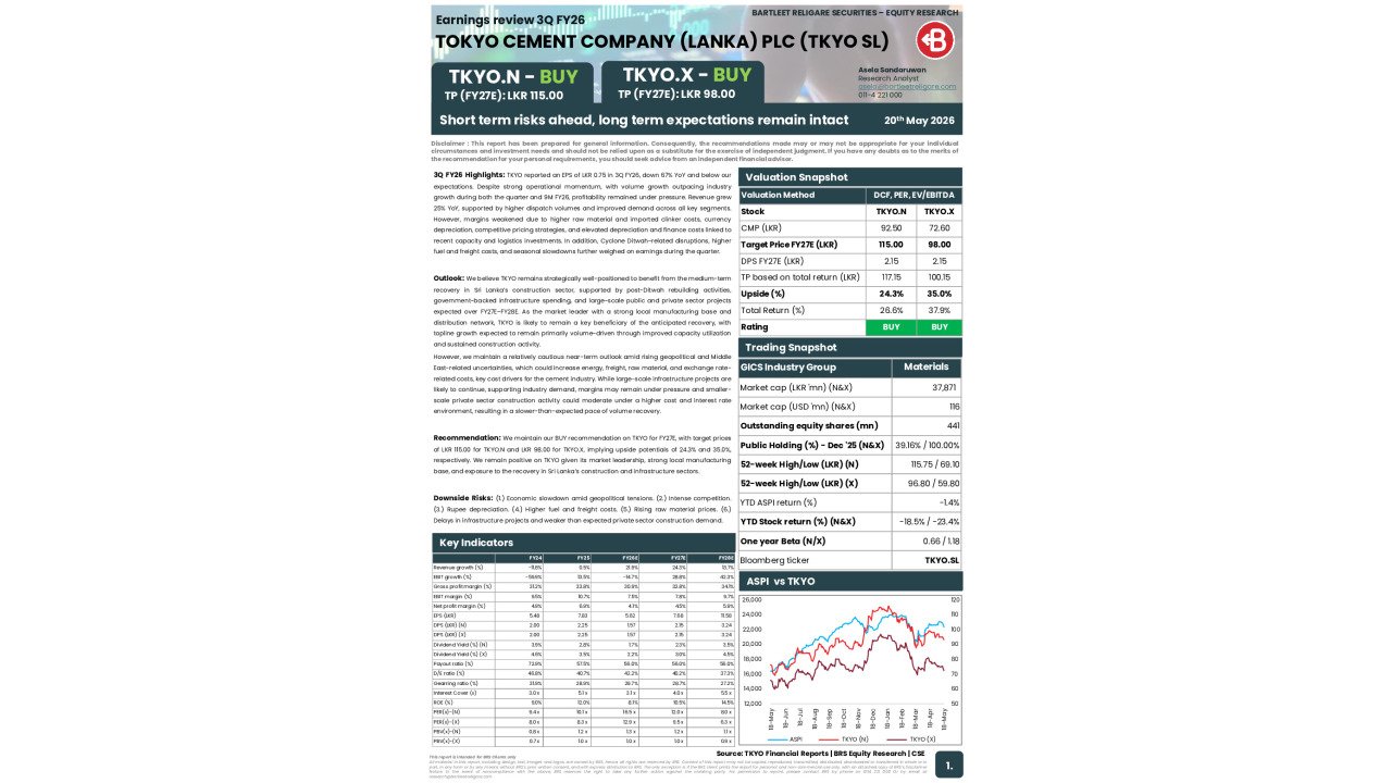 TOKYO CEMENT COMPANY (LANKA) PLC (TKYO) - 3Q FY26 Earnings Review