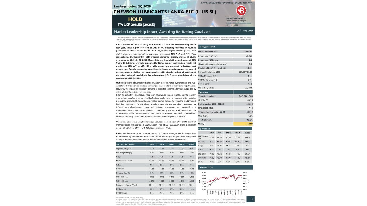 Chevron Lubricants Lanka PLC (LLUB SL) - 1Q 2026 Earnings Review