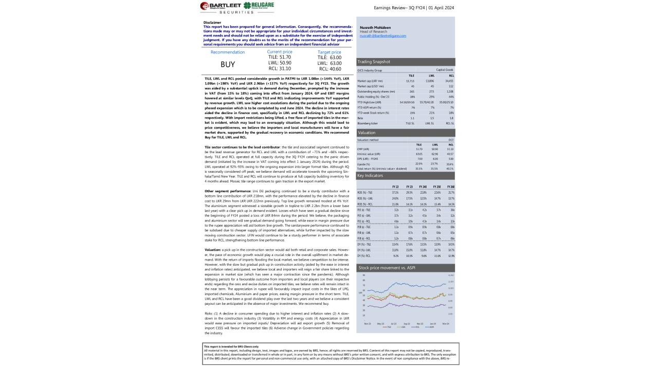  TILE/LWL/RCL Review - 3Q FY24