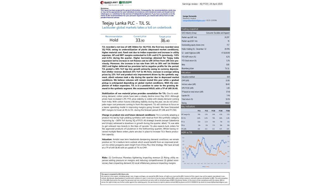 Earnings review - TJL SL - 3Q FY23