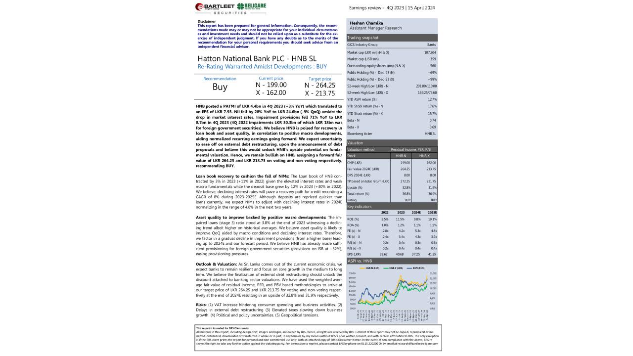 Hatton National Bank PLC (HNB) - 4Q 2023 - BUY