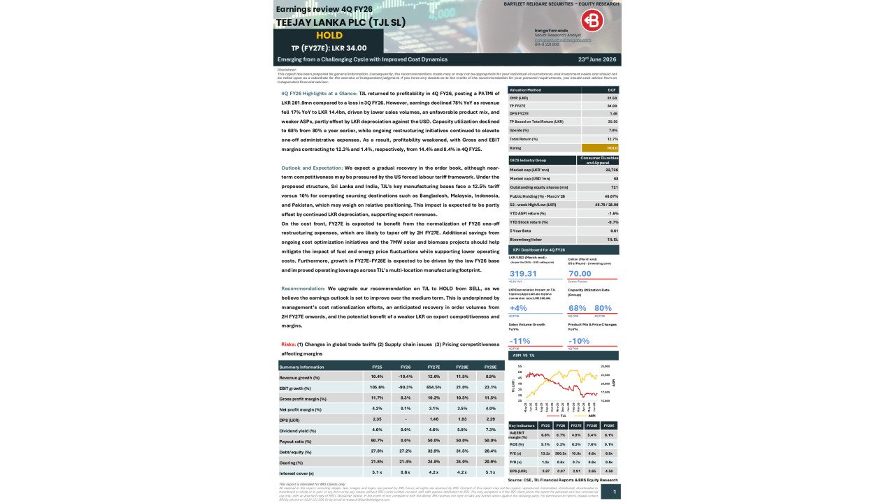 TEEJAY LANKA PLC (TJL) - 4Q FY26 Earnings Review - BRS Research