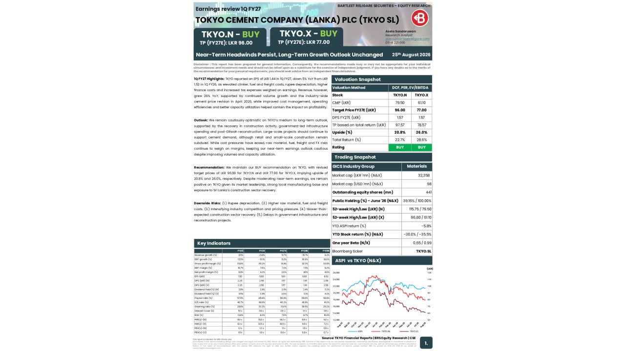 TOKYO CEMENT COMPANY (LANKA) PLC (TKYO) - 1Q FY27 Earnings Review