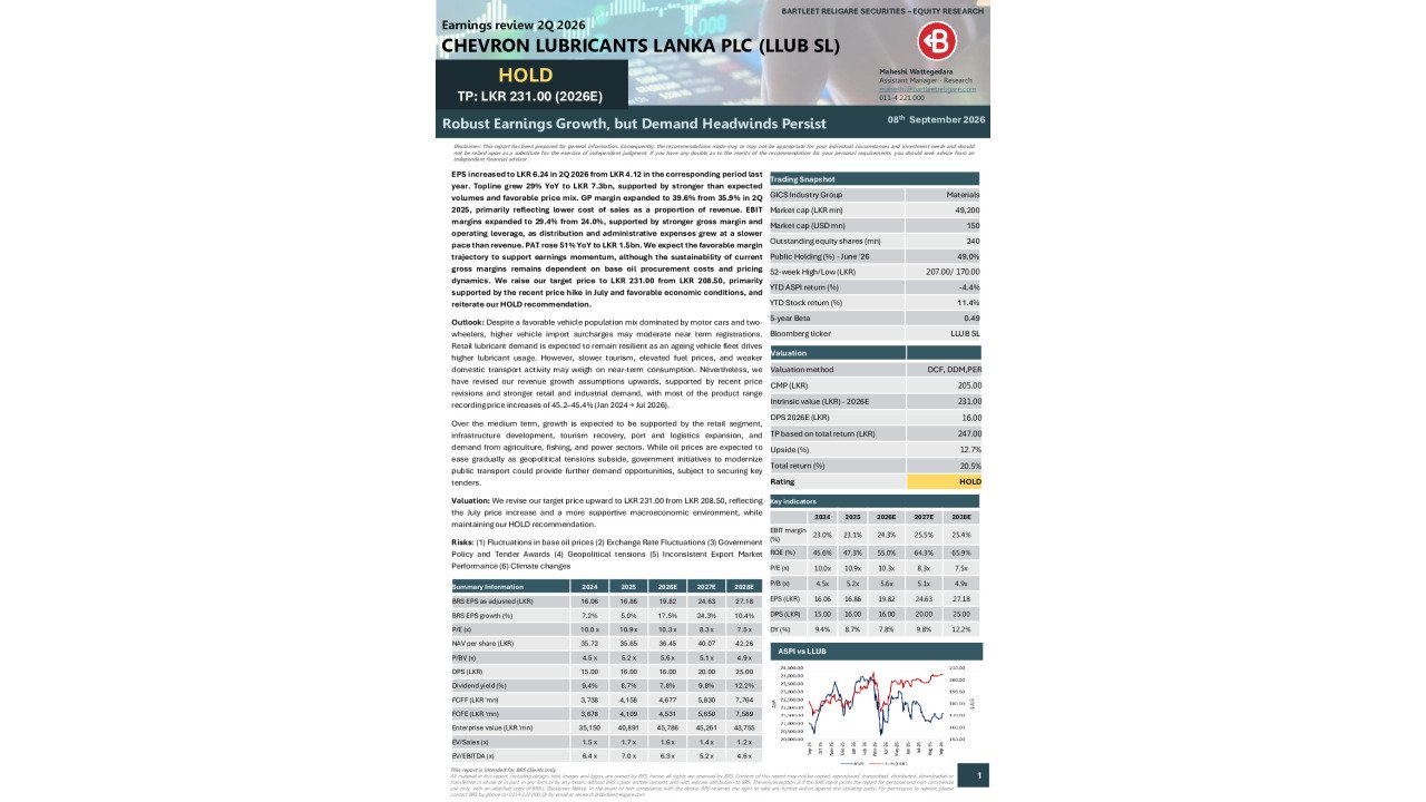 Chevron Lubricants Lanka PLC (LLUB SL) - 2Q 2026 - HOLD