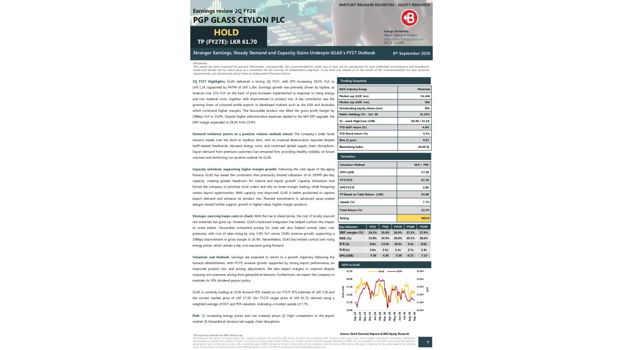 PGP GLASS CEYLON PLC (GLAS) - 1Q FY27 - HOLD