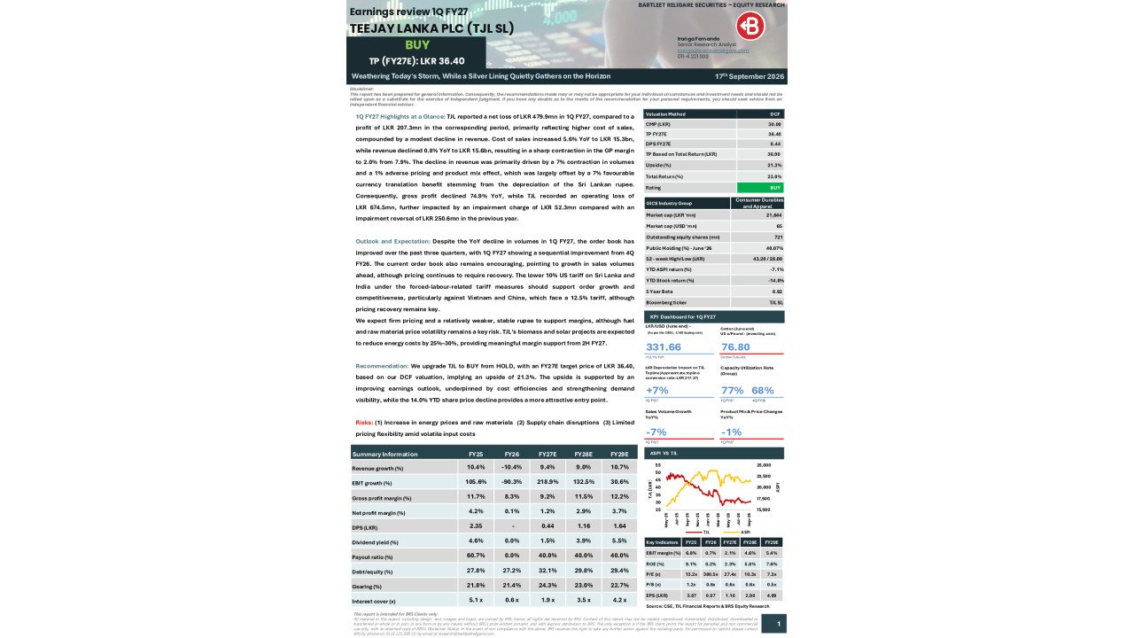 TEEJAY LANKA PLC (TJL) - 1Q FY27 Earnings Review - BRS Research