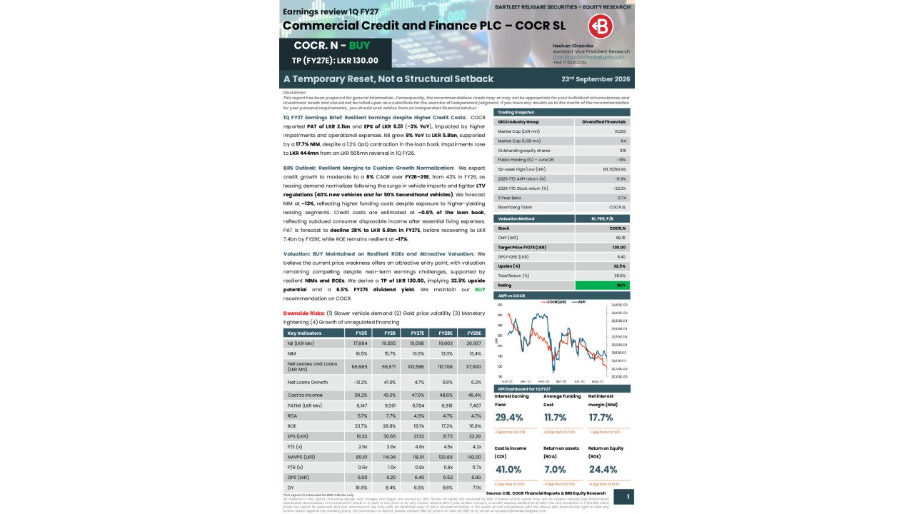 Commercial Credit and Finance PLC (COCR) - 1Q FY27 - BRS Equity Research