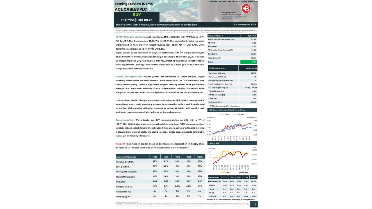 ACL Cables PLC - BRS Earnings Review 1Q FY27