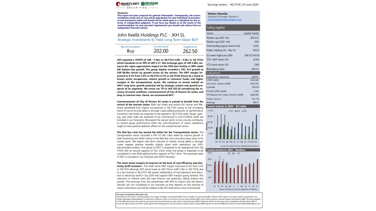 John Keells Holdings PLC (JKH) - 4Q FY24 - BUY