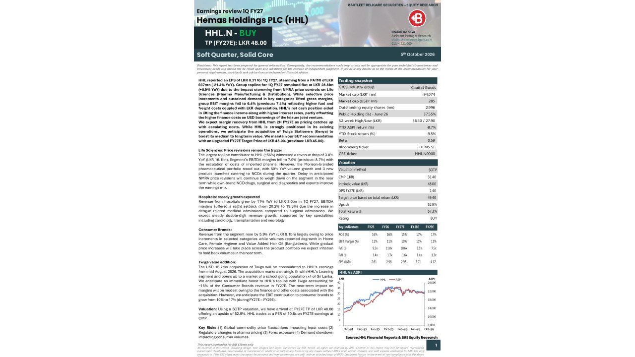 Hemas Holdings PLC (HHL) - 1Q FY27E Earnings Review