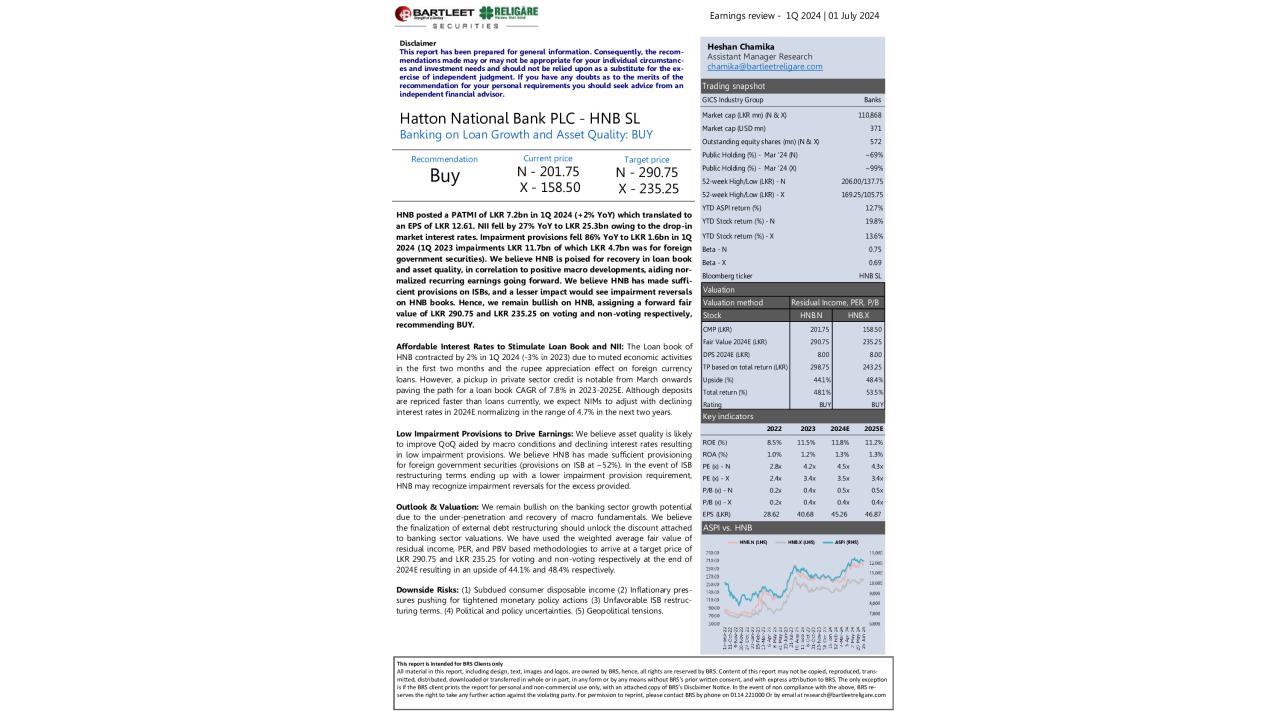 Hatton National Bank PLC (HNB) - 1Q 2024 - BUY