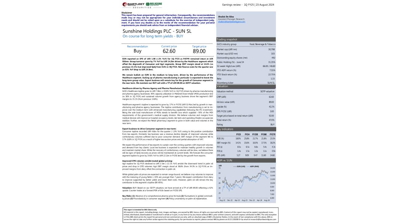 Sunshine Holdings PLC (SUN) - 1Q FY25 - BUY