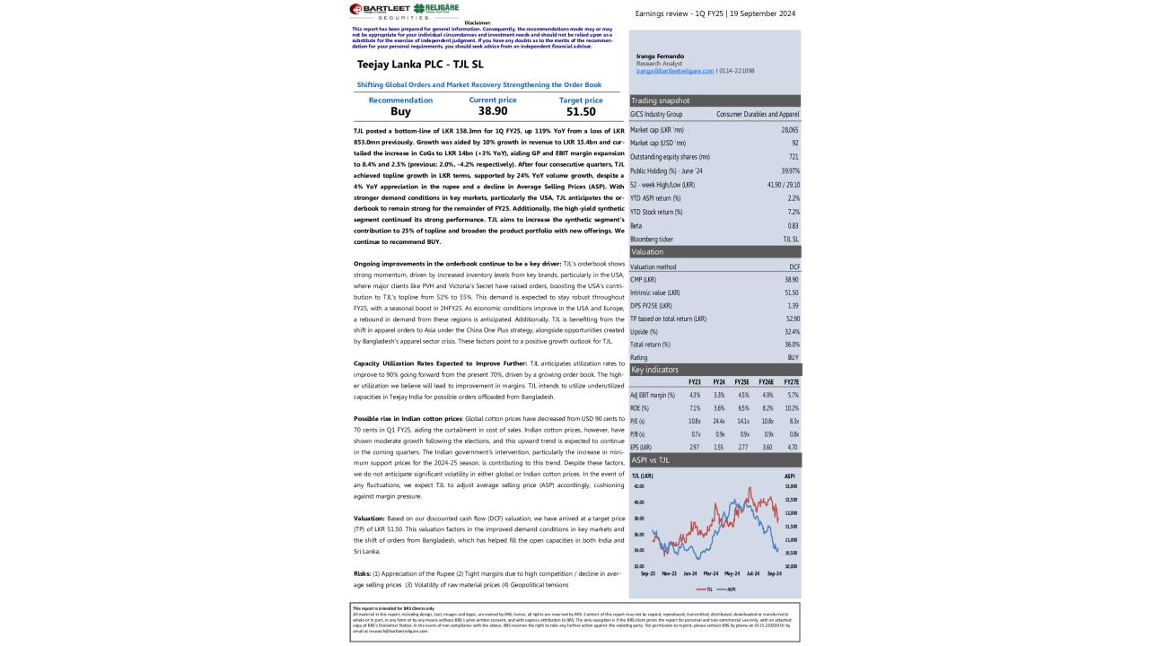 Teejay Lanka PLC (TJL) - 1Q FY25 - BUY