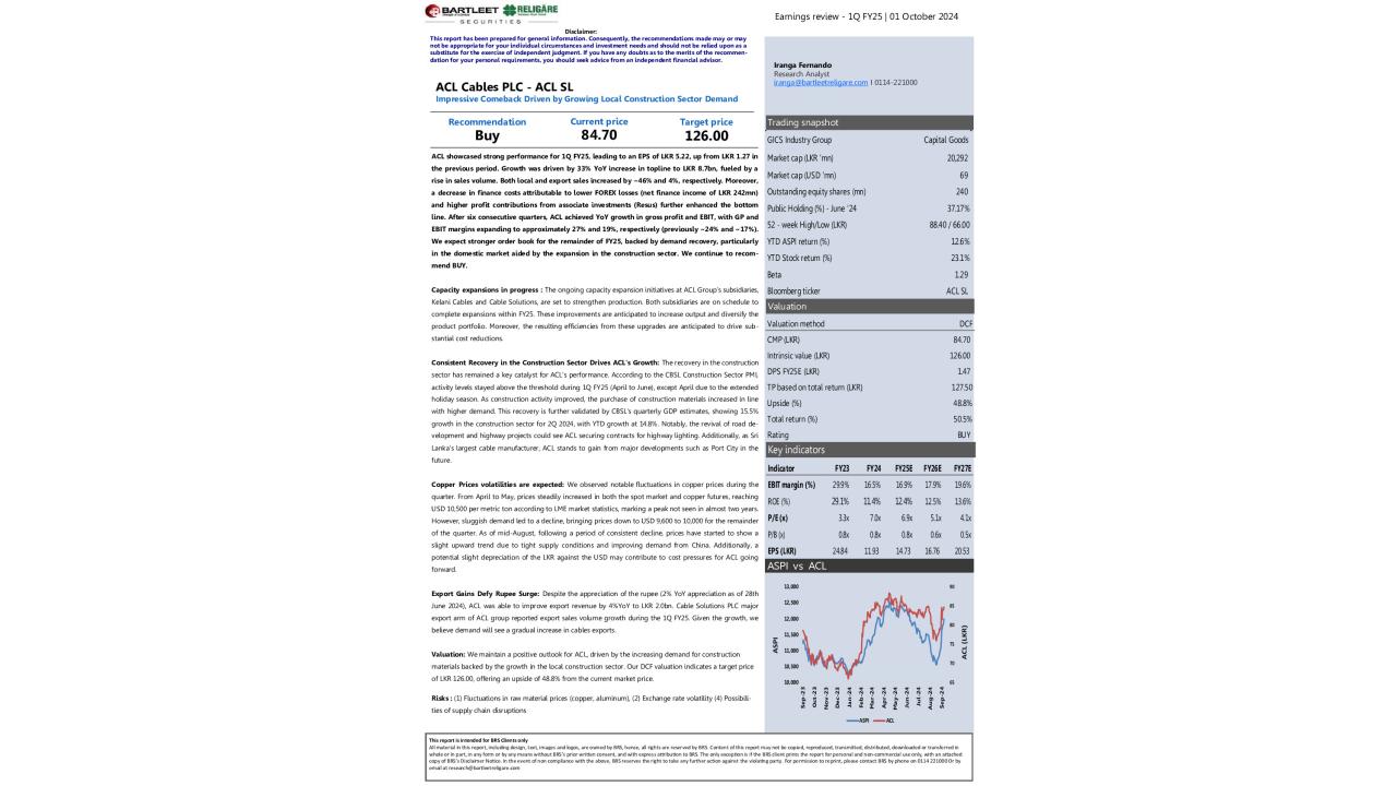 ACL  Cables PLC (ACL) - 1Q FY25 - BUY 