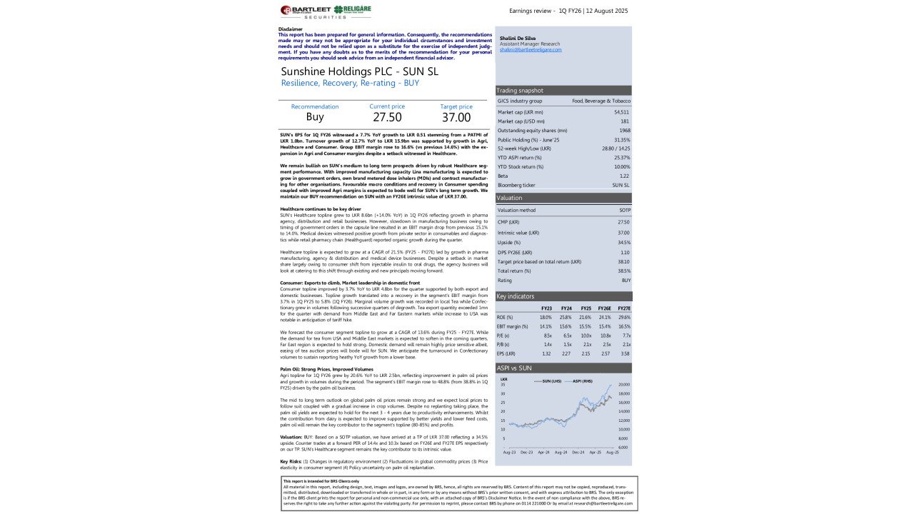 Sunshine Holdings PLC (SUN) - 1Q FY26: BUY
