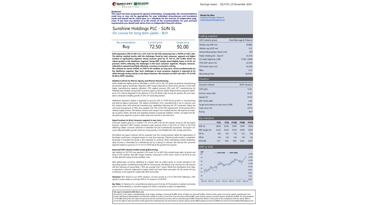 Sunshine Holdings PLC (SUN) - 2Q FY25 - BUY