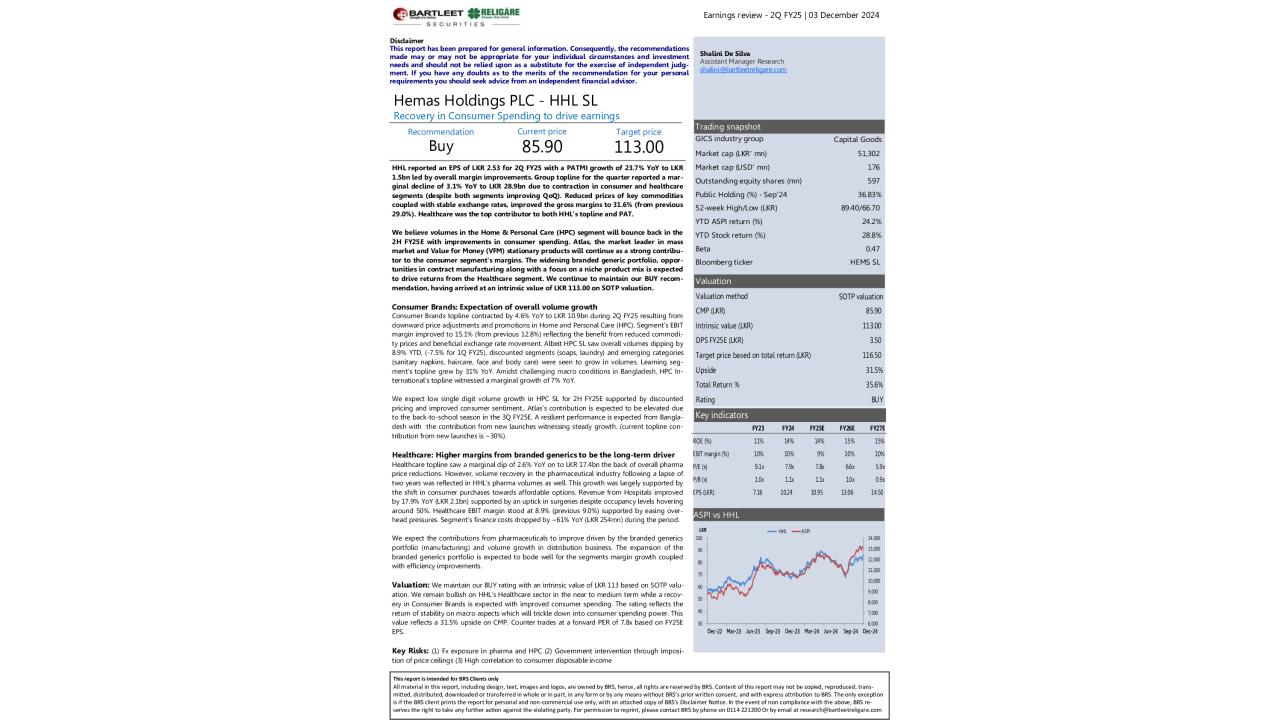 Hemas Holdings PLC (HHL) - 2Q FY25 - BUY