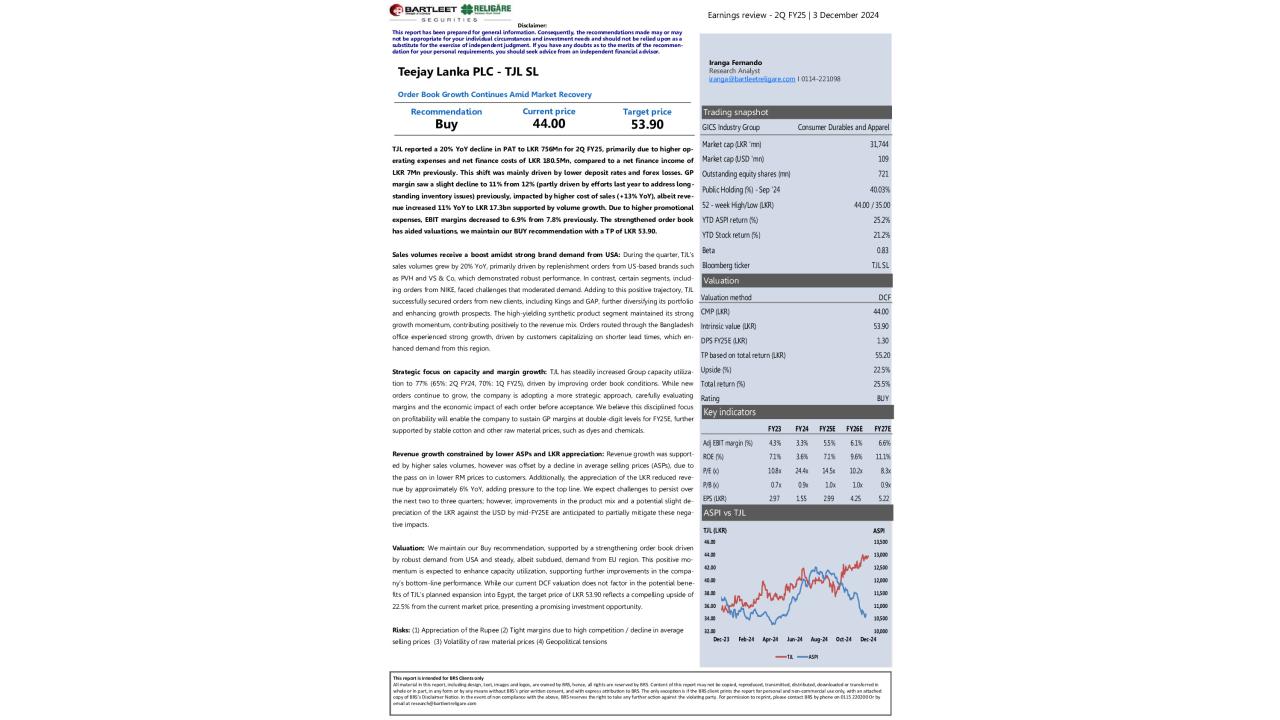 Teejay Lanka PLC (TJL) - 2Q FY25 - BUY