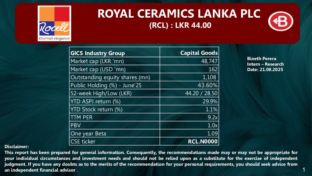 ROYAL CERAMICS LANKA PLC (RCL) Information Note 1Q FY26 - BRS Equity Research